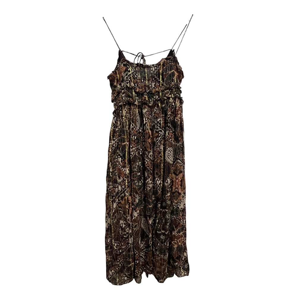 ZARA Maxi Dress Womens XS Black Brown Gold Metallic Paisley Boho Ruffle Tassel - Picture 10 of 10